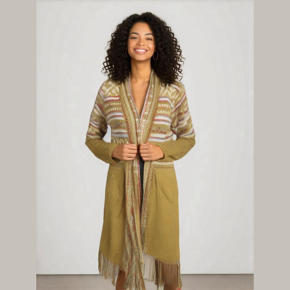 ADORA Sweaters - Adora Womens Mustard Fair Isle Duster Cardigan Sweater M/L